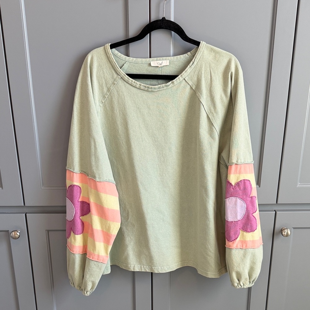 Easel Sage Green Flower Patch Long Sleeve Top  Large - Picture 2 of 5